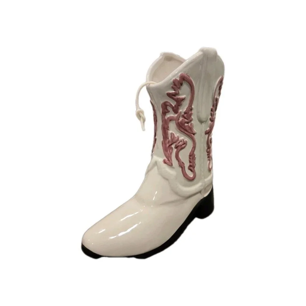 New Pink / White Large Ceramic Western Cowgirl / Cowboy Boot Candle Gag Gift